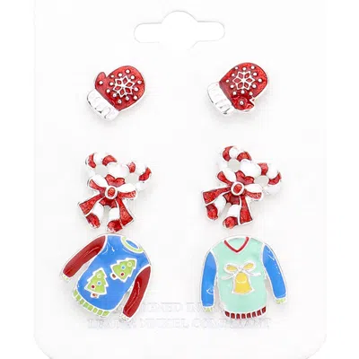 Fashnzfab 3pairs - Glittered Glove Candy Cane Cloth Stud Earrings In Multi