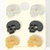 Fashnzfab 3pairs - Glittered Resin Skull Stud Earring Set In Multi