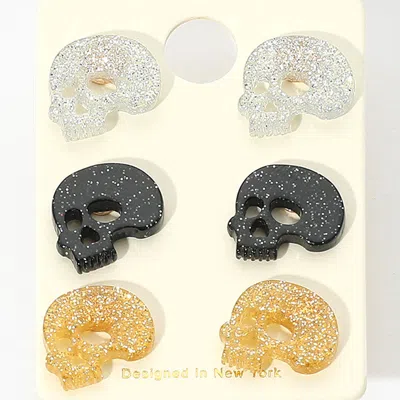 Fashnzfab 3pairs - Glittered Resin Skull Stud Earring Set In Multi