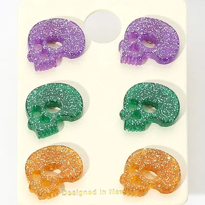 Fashnzfab 3pairs - Glittered Resin Skull Stud Earring Set In Multi