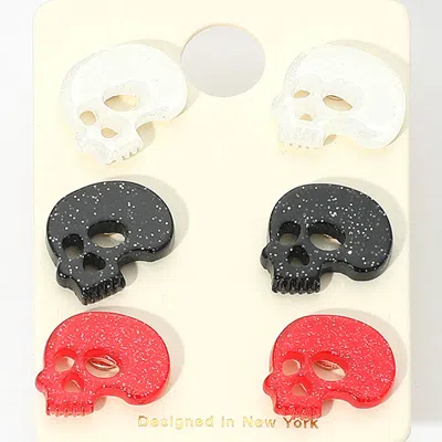 Fashnzfab 3pairs - Glittered Resin Skull Stud Earring Set In Multi