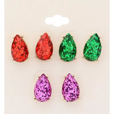 Fashnzfab 3pairs - Glittered Teardrop Stud Earrings - Assorted, Multi