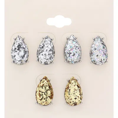 Fashnzfab 3pairs - Glittered Teardrop Stud Earrings In Gold
