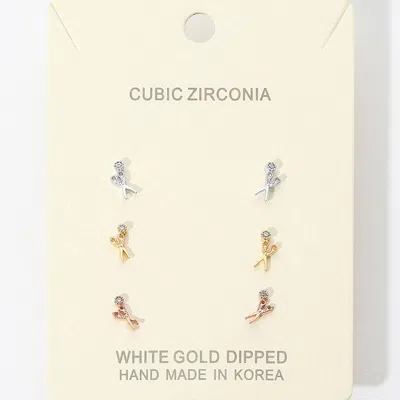 Fashnzfab 3pairs - Gold Dipped Cz Scissors Stud Earrings In Multi