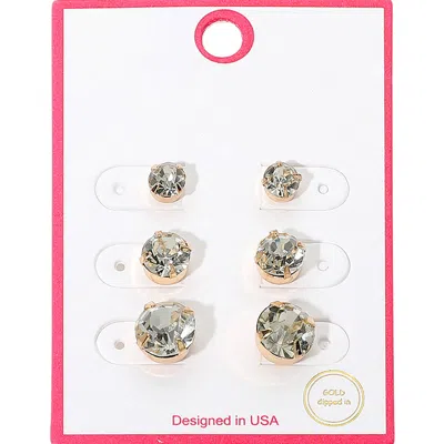 Fashnzfab 3pairs - Gold Dipped Graduated Size Crystal Stud Earring Set