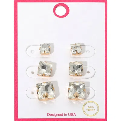 Fashnzfab 3pairs - Gold Dipped Graduated Size Square Crystal Stud Earring Set