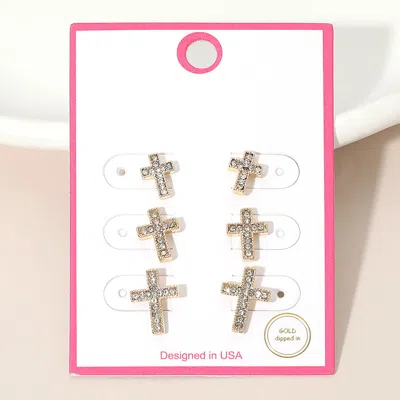 Fashnzfab 3pairs - Gold Dipped Stone Pave Cross Stud Earring Set Gold