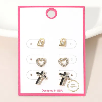 Fashnzfab 3pairs - Gold Dipped Stone Pave Mini Lock Heart Double Cross Stud Earring Set Gold