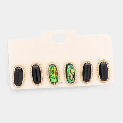 Fashnzfab 3pairs - Gold Trim Hexagon Bead Stud Earrings In Black