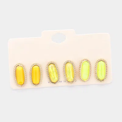Fashnzfab 3pairs - Gold Trim Hexagon Bead Stud Earrings In Yellow
