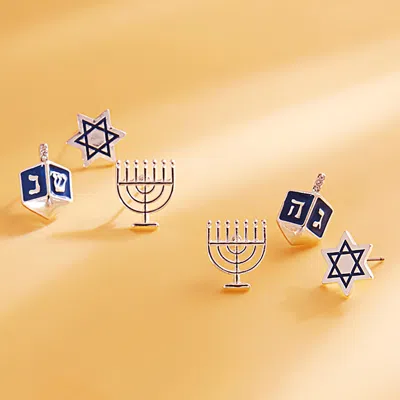 Fashnzfab 3pairs - Hanukkah Ornament Stud Earring Set In Silver
