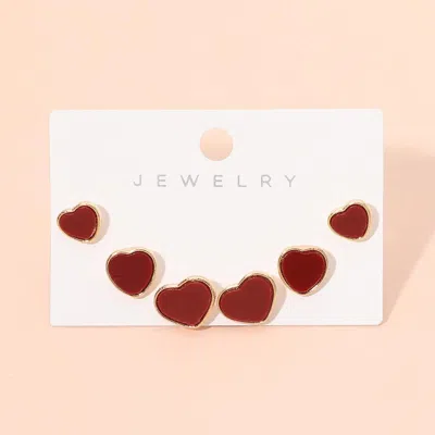 Fashnzfab 3pairs - Heart Stud Earring Set In Red