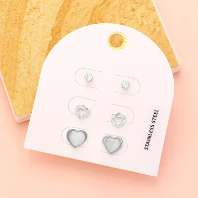 Fashnzfab 3pairs - Heart Stud Earring Set In Silver