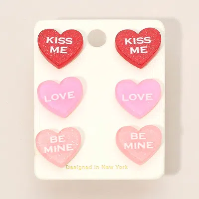 Fashnzfab 3pairs - Kiss Me Love Be Mine Heart Stud Earring Set Multi, Pink