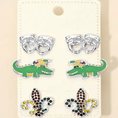 Fashnzfab 3pairs - Mardi Gras Mask Crocodile Fleur De Lis Stud Earring Set In Silver