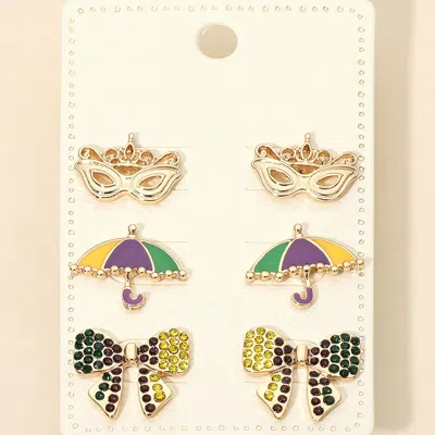 Fashnzfab 3pairs - Mardi Gras Mask Umbrella Bow Stud Earring Set In Gold