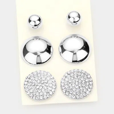 Fashnzfab 3pairs - Metal Ball Rhinestone Embellished Round Stud Earrings In White
