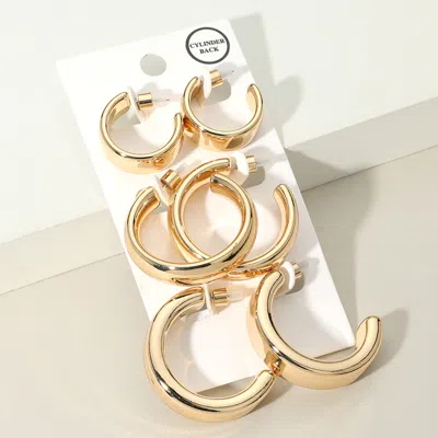 Fashnzfab 3pairs - Metal Flat Hoop Earring Set In Gold