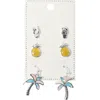 Fashnzfab 3pairs - Metal Flip Flop Enamel Pineapple Stud Palm Tree Dangle Earring Set - Antique Silver, Multi In Metallic