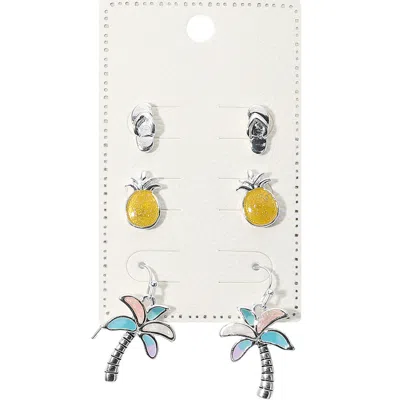 Fashnzfab 3pairs - Metal Flip Flop Enamel Pineapple Stud Palm Tree Dangle Earring Set - Antique Silver, Multi In Metallic