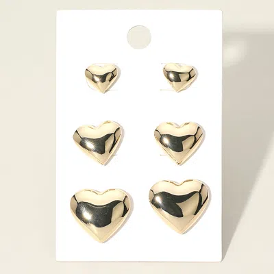 Fashnzfab 3pairs - Metal Heart Stud Earring Set In Gold