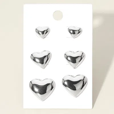 Fashnzfab 3pairs - Metal Heart Stud Earring Set In Silver