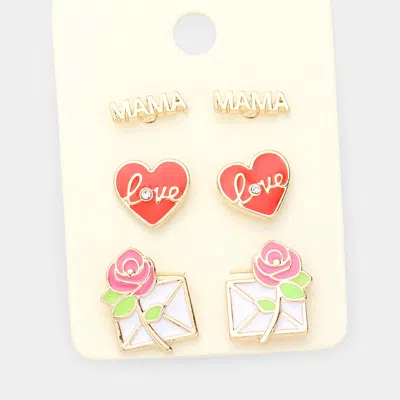 Fashnzfab 3pairs - Metal Mama Enamel Love Heart Flower Letter Stud Earrings In Multi