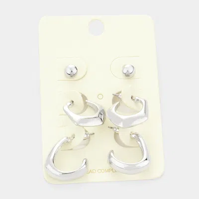 Fashnzfab 3pairs - Metal Round Geometric Earrings - Rhodium In Silver
