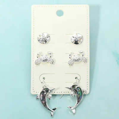 Fashnzfab 3pairs - Metal Sand Dollar Crab Stud Abalone Dolphin Drop Dangle Earring Set In Multi