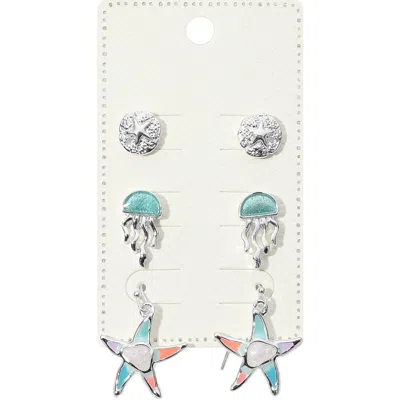 Fashnzfab 3pairs - Metal Sand Dollar Enamel Jelly Fish Stud Starfish Dangle Earrings Set - Multi, Silver