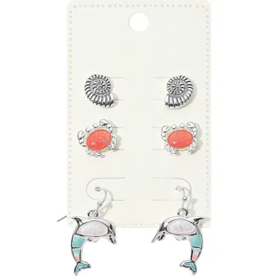 FASHNZFAB 3PAIRS - METAL SHELL ENAMEL CRAB STUD DANGLE EARRING SET