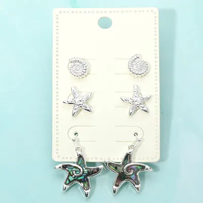 Fashnzfab 3pairs - Metal Shell Starfish Stud Abalone Starfish Drop Dangle Earring Set In Multi