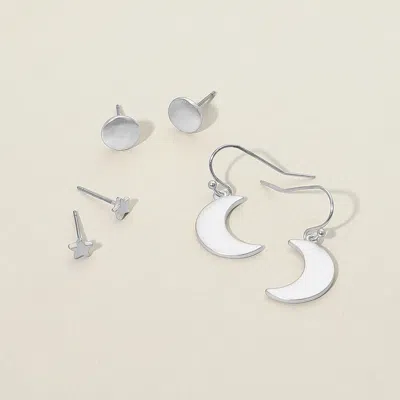 Fashnzfab 3pairs - Metal Star Round Crescent Moon Earring Set - Matte Silver In Metallic