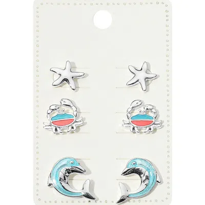 Fashnzfab 3pairs - Metal Starfish Enamel Crab Dolphin Stud Earrings Set - Multi, Silver In Metallic