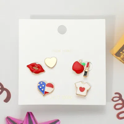 Fashnzfab 3pairs - Mixed Enamel Heart Apple Flag Stud Earrings - Blue, Red, White In Multi