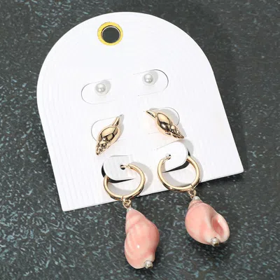 Fashnzfab 3pairs - Pearl Metal Conch Shell Stud Ceramic Dangle Earring Set In Multi
