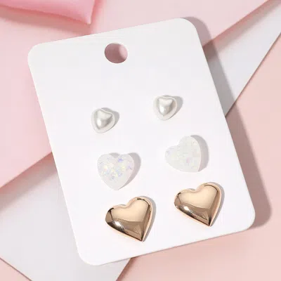 Fashnzfab 3pairs - Pearl Metal Heart Stud Earring Set - Gold