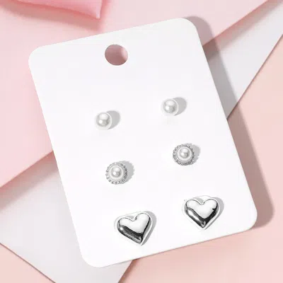 Fashnzfab 3pairs - Pearl Metal Heart Stud Earring Set - Rhodium In Silver