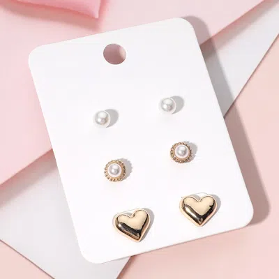 Fashnzfab 3pairs - Pearl Metal Heart Stud Earring Set In Gold