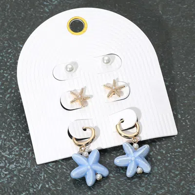Fashnzfab 3pairs - Pearl Metal Starfish Stud Ceramic Dangle Earring Set - Blue, Gold