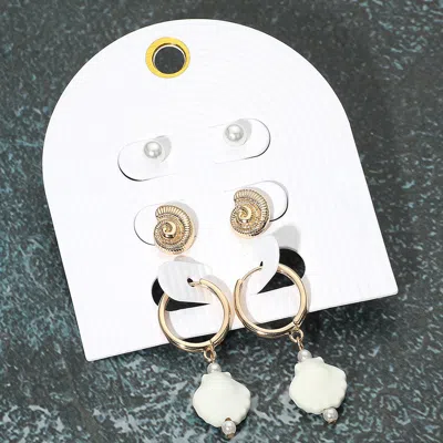 Fashnzfab 3pairs - Pearl Metal Swirl Shell Stud Ceramic Shell Dangle Earring Set - Gold, White