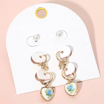 Fashnzfab 3pairs - Pearl Stud Metal Bow Dangle Floral Ceramic Heart Dangle Earring Set - Blue, Gold In White