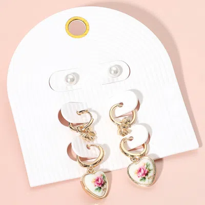 Fashnzfab 3pairs - Pearl Stud Metal Bow Dangle Floral Ceramic Heart Dangle Earring Set - Gold, Pink