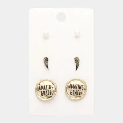 Fashnzfab 3pairs - Pearl Wing Amazing Grace Message Stud Earrings - Cream, Worn Gold