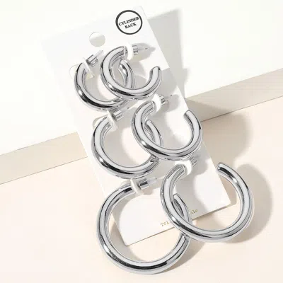 Fashnzfab 3pairs - Puffy Metal Hoop Earring Set - Rhodium In Multi