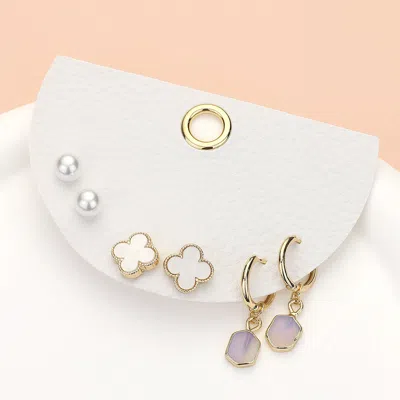Fashnzfab 3pairs - Quatrefoil Pearl Stud Natural Stone Dangle Earrings Set - Cream, Gold