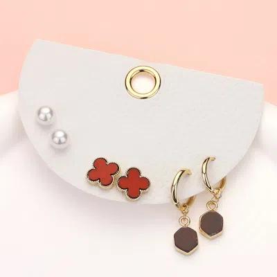 Fashnzfab 3pairs - Quatrefoil Pearl Stud Natural Stone Dangle Earrings Set In Multi