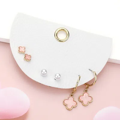 Fashnzfab 3pairs - Quatrefoil Pearl Stud Quatrefoil Dangle Earring Set In Gold