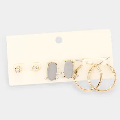 Fashnzfab 3pairs - Round Stone Genuine Shell Hexagon Metal Hoop Earrings - Gray In Gold
