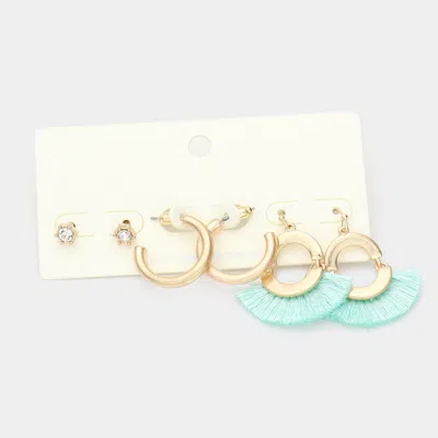 Fashnzfab 3pairs - Round Stone Metal Hoop Tassel Fringe Earrings - Mint In Gold